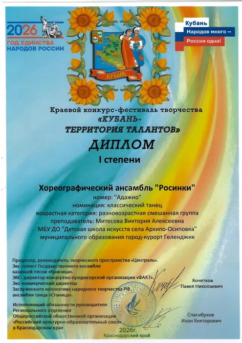 Диплом I степени – хореографический ансамбль «Росинки», номер «Адажио»