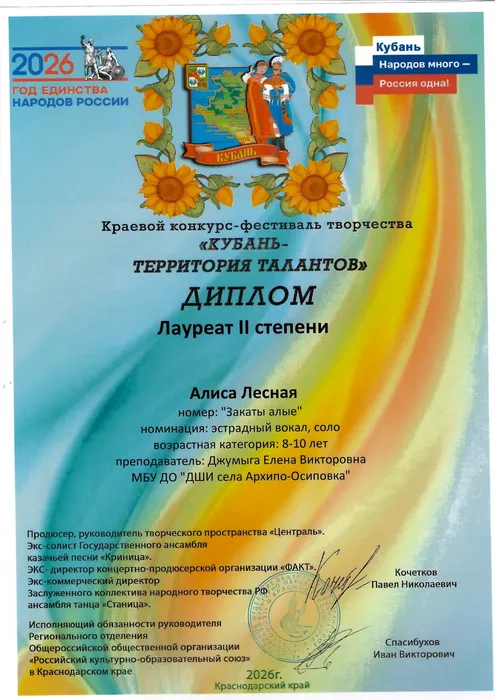 Диплом лауреата II степени – Лесная Алиса, номер «Закаты алые»;